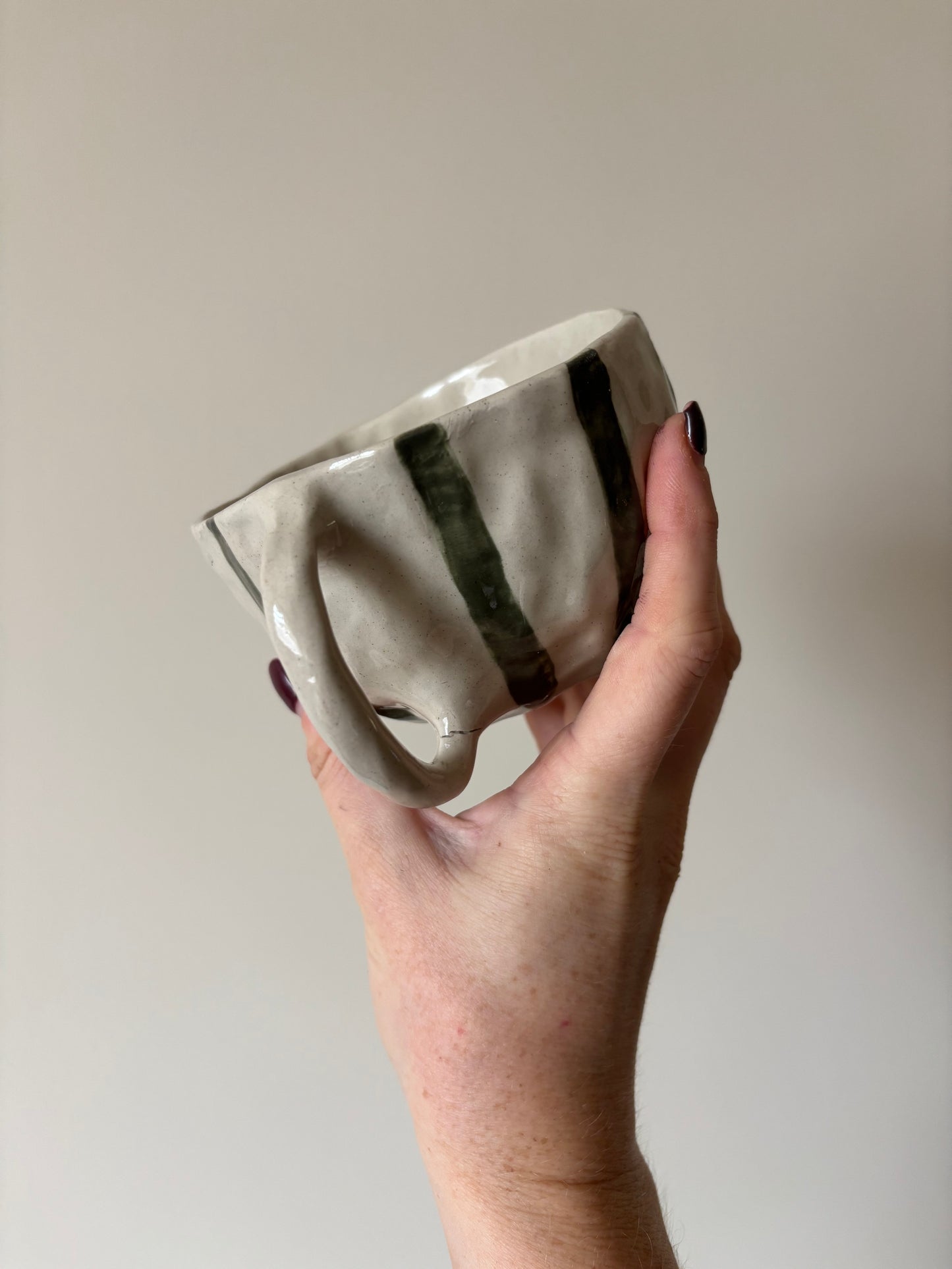 Autumnal green stripe imperfect mug