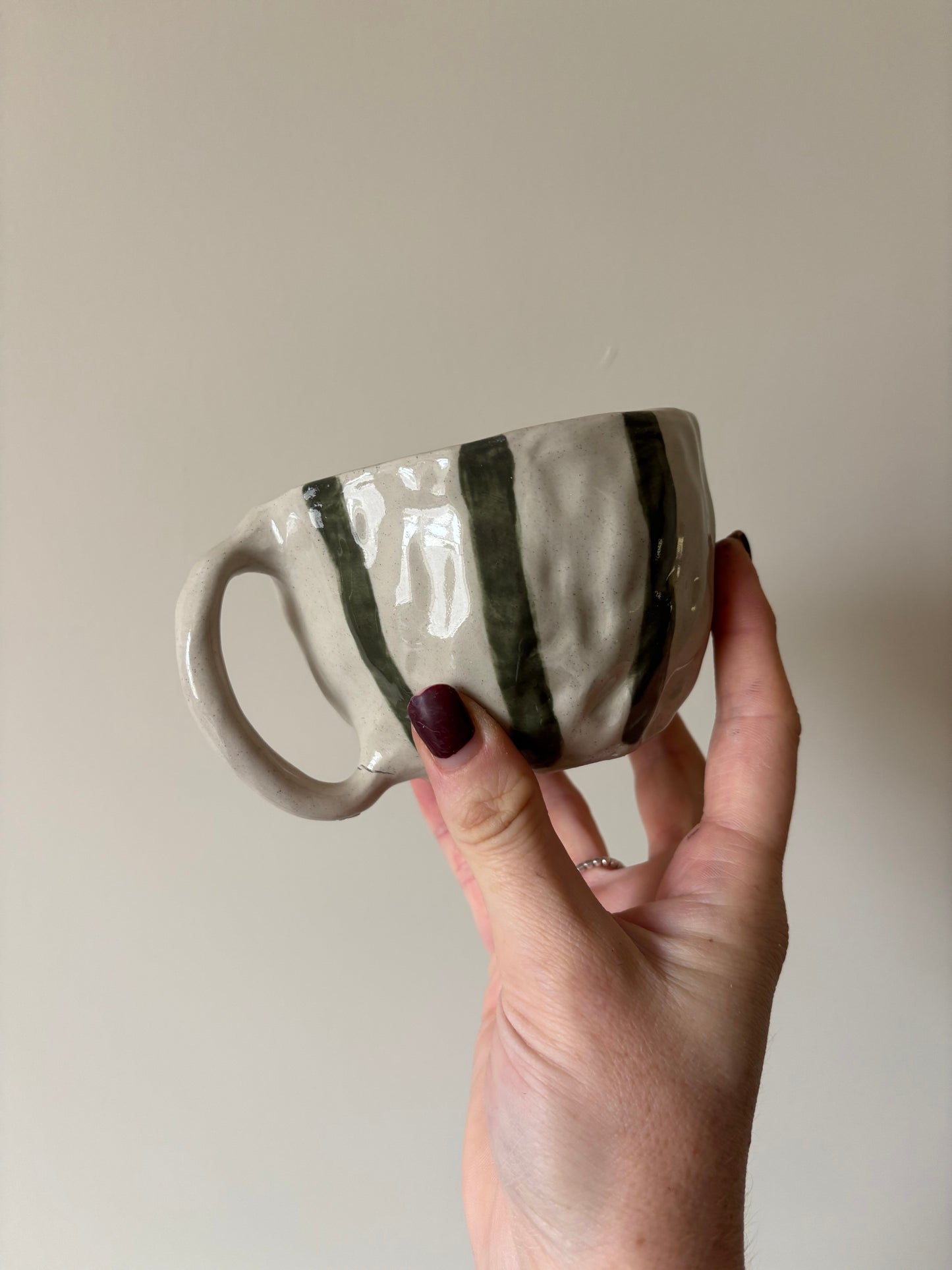 Autumnal green stripe imperfect mug