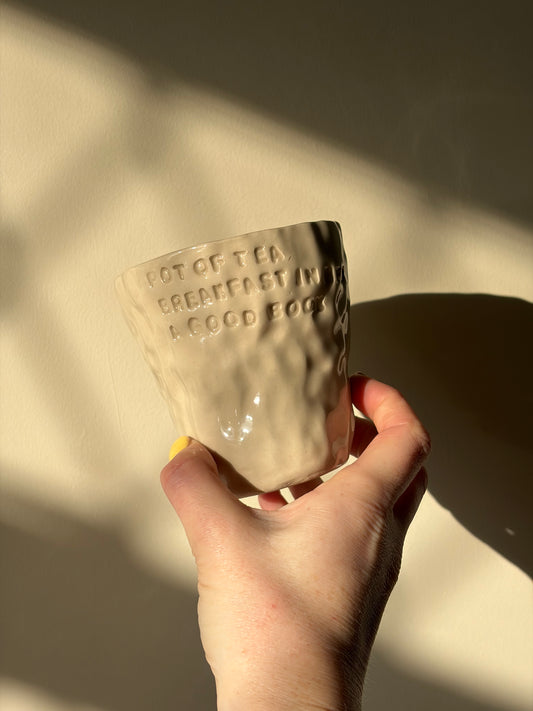 Pot of tea, breakfast in bed hand warmer mug