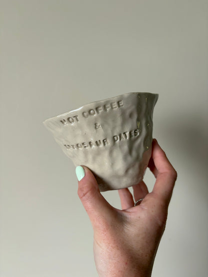 Hot coffee and dinosaur dates imperfect mug