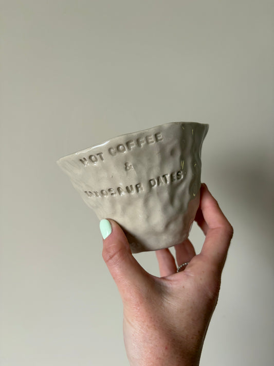 Hot coffee and dinosaur dates imperfect mug