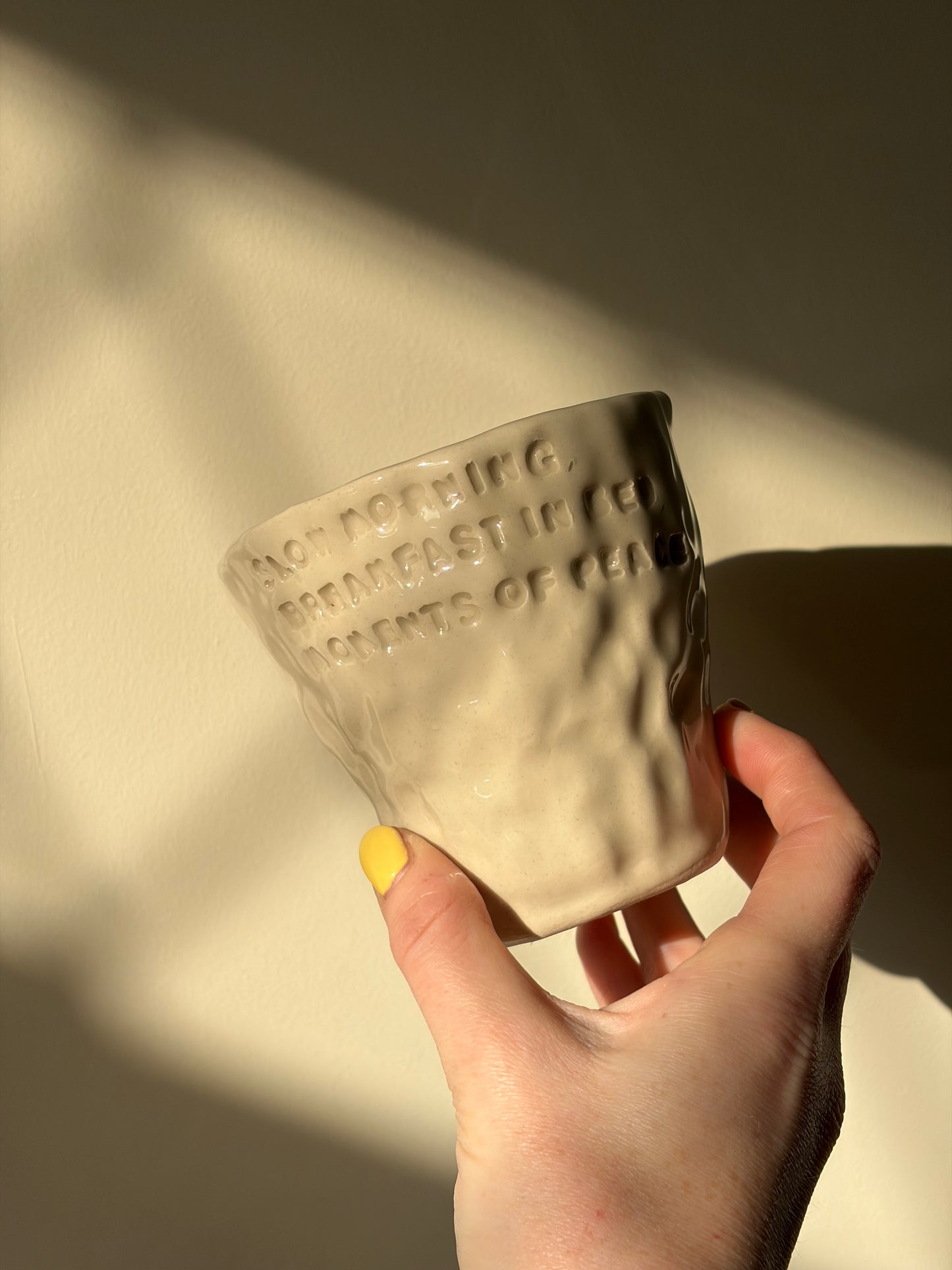 Slow morning, breakfast in bed hand warmer mug