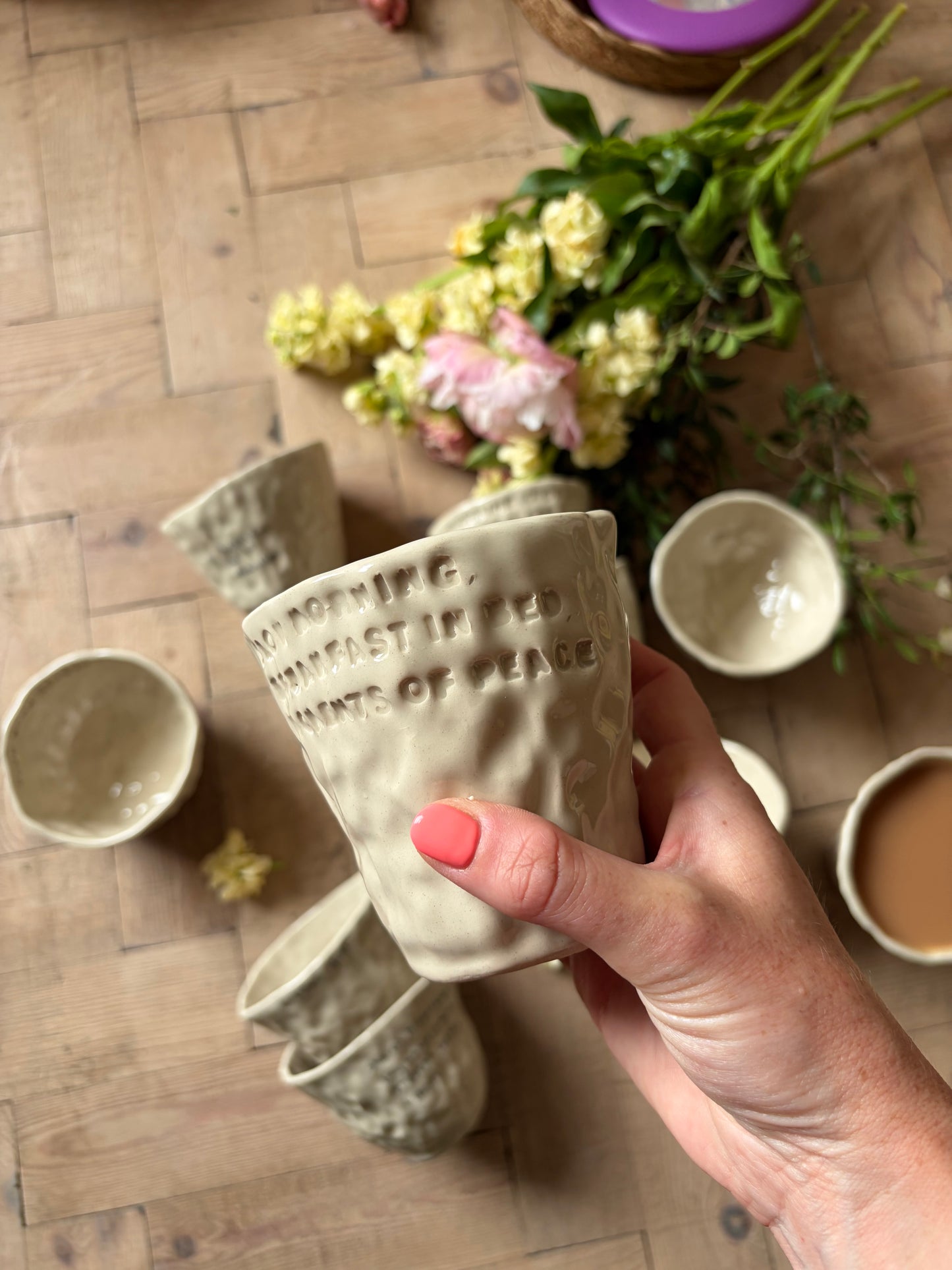 Slow morning, breakfast in bed hand warmer mug