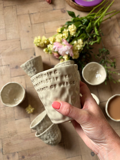 Slow morning, breakfast in bed hand warmer mug