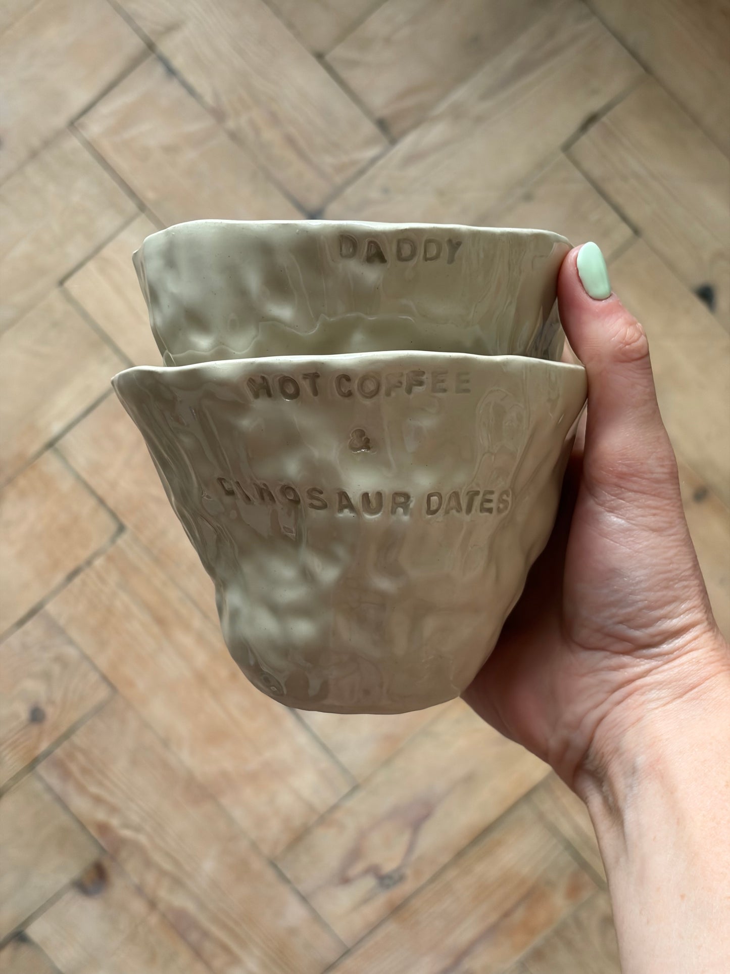 Hot coffee and dinosaur dates mug