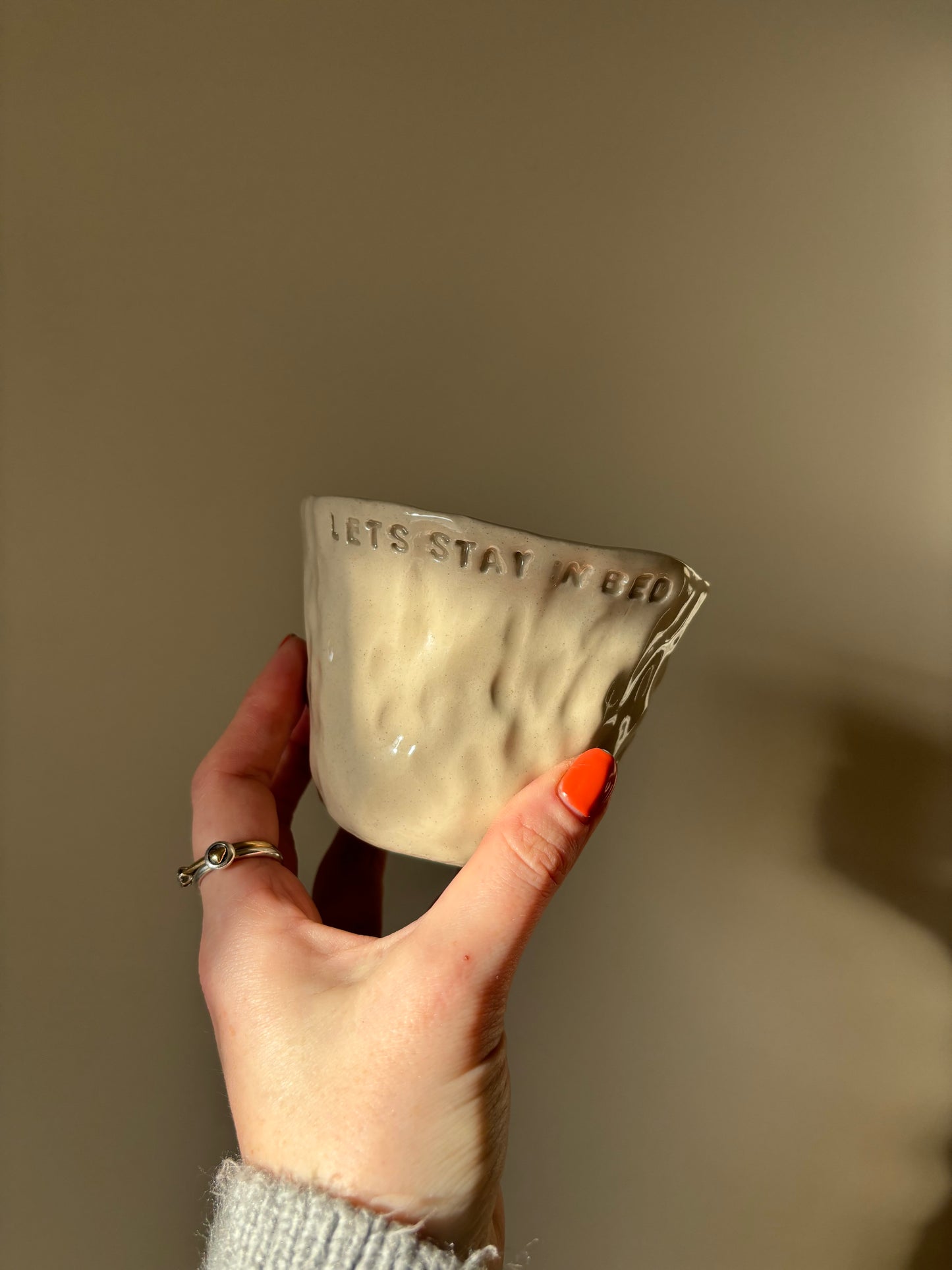 Let’s stay in bed imperfect handwarmer mug