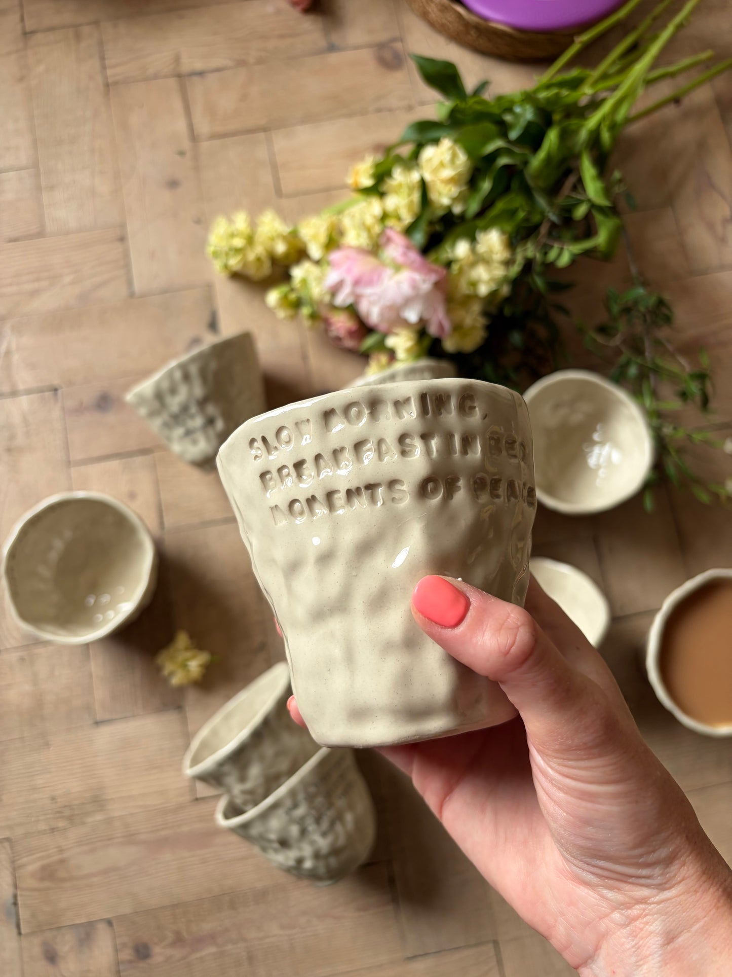 Slow morning, breakfast in bed hand warmer mug