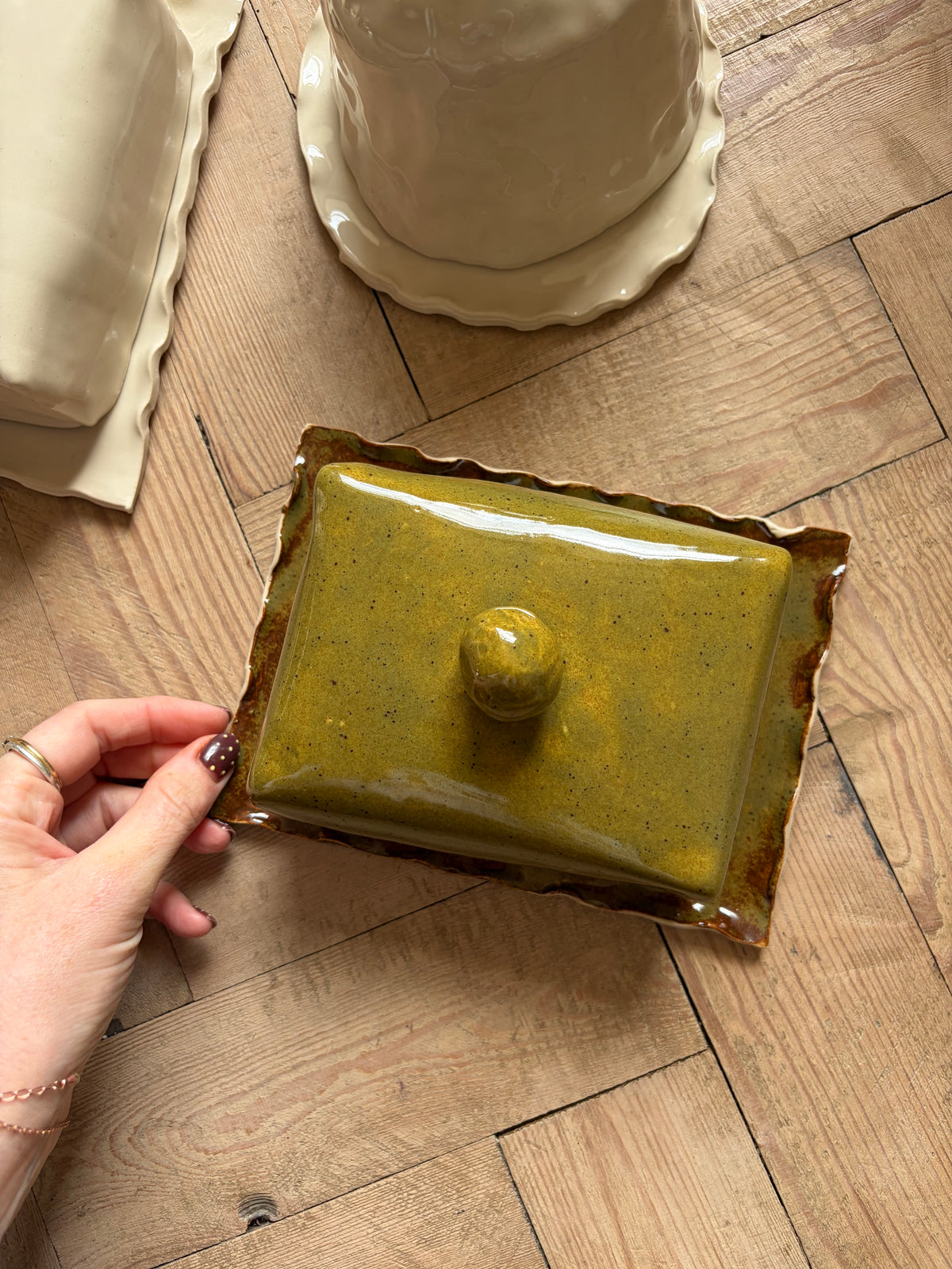 Mossy green imperfect butter dish
