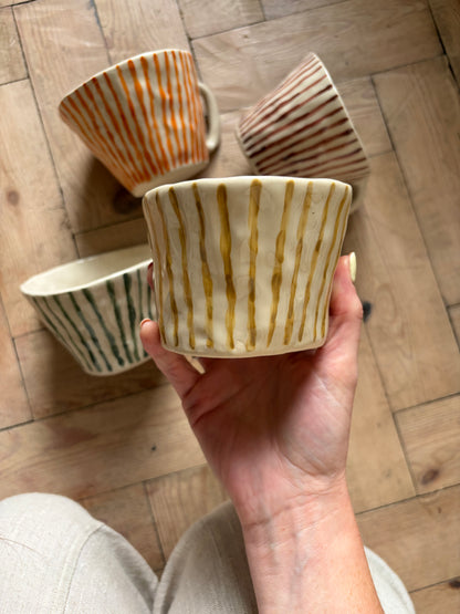 Mossy green thin stripe flat white mug